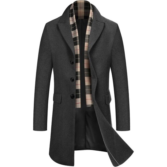 Men's Grey Trench Overcoat Wool Blend Coat with Detachable Single Breasted